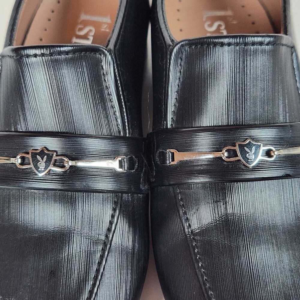 1ST STEP Playboy‎ Handmade Oxford Slip-On Loafer Shoes Boys 10 Black Silver Logo - Picture 2 of 8